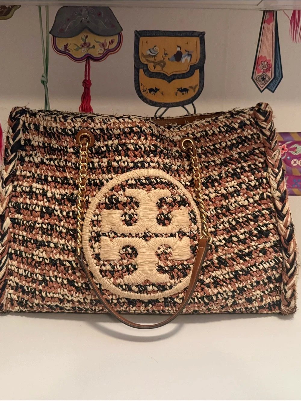 Tory Burch Multicolor Woven Raffia Tote with Gold Chain